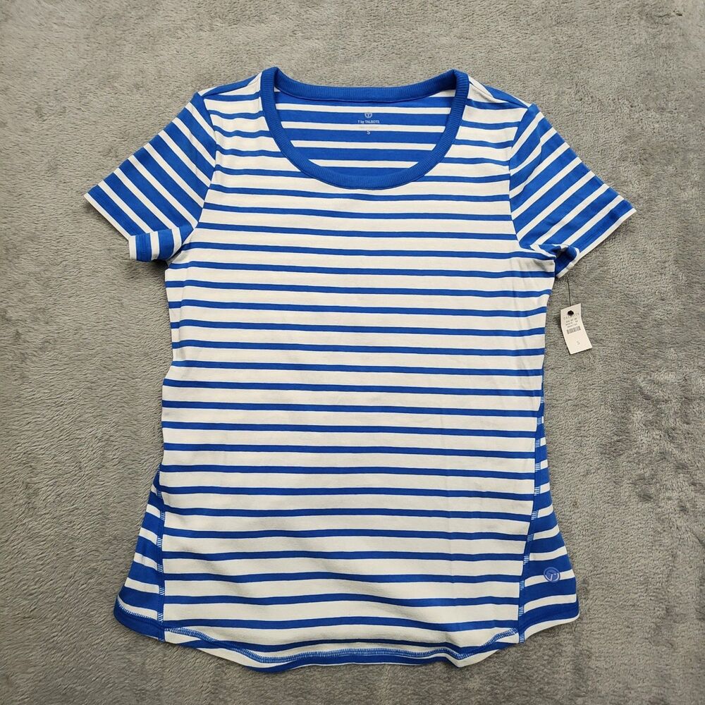 T by Talbots Womens S Blue White Stripe Top NWT Cotton Blend Short Sleeve Tee - Picture 2 of 9